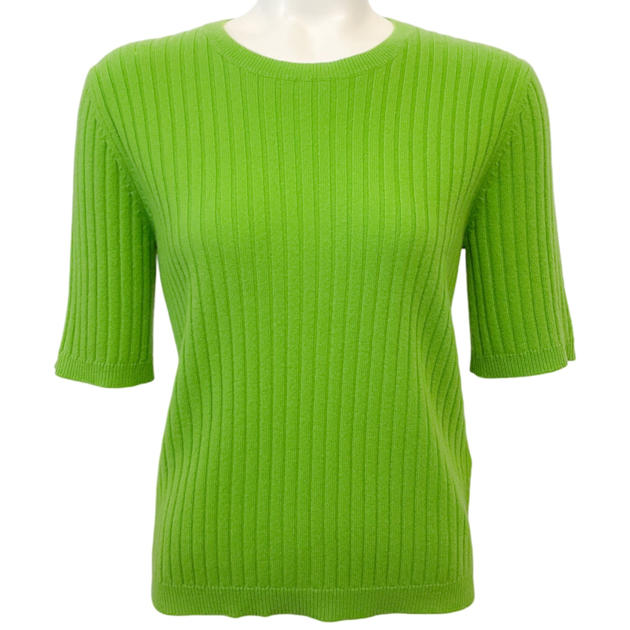 Allude Lime Green Cashmere Ribbed Short Sleeve Sweater
