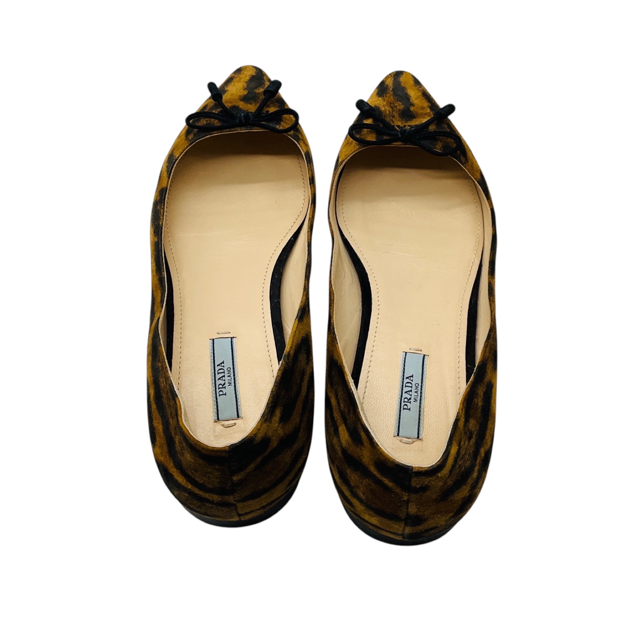 Prada Brown / Black Animal Print Pointed Toe Suede Flats with Bow Detail