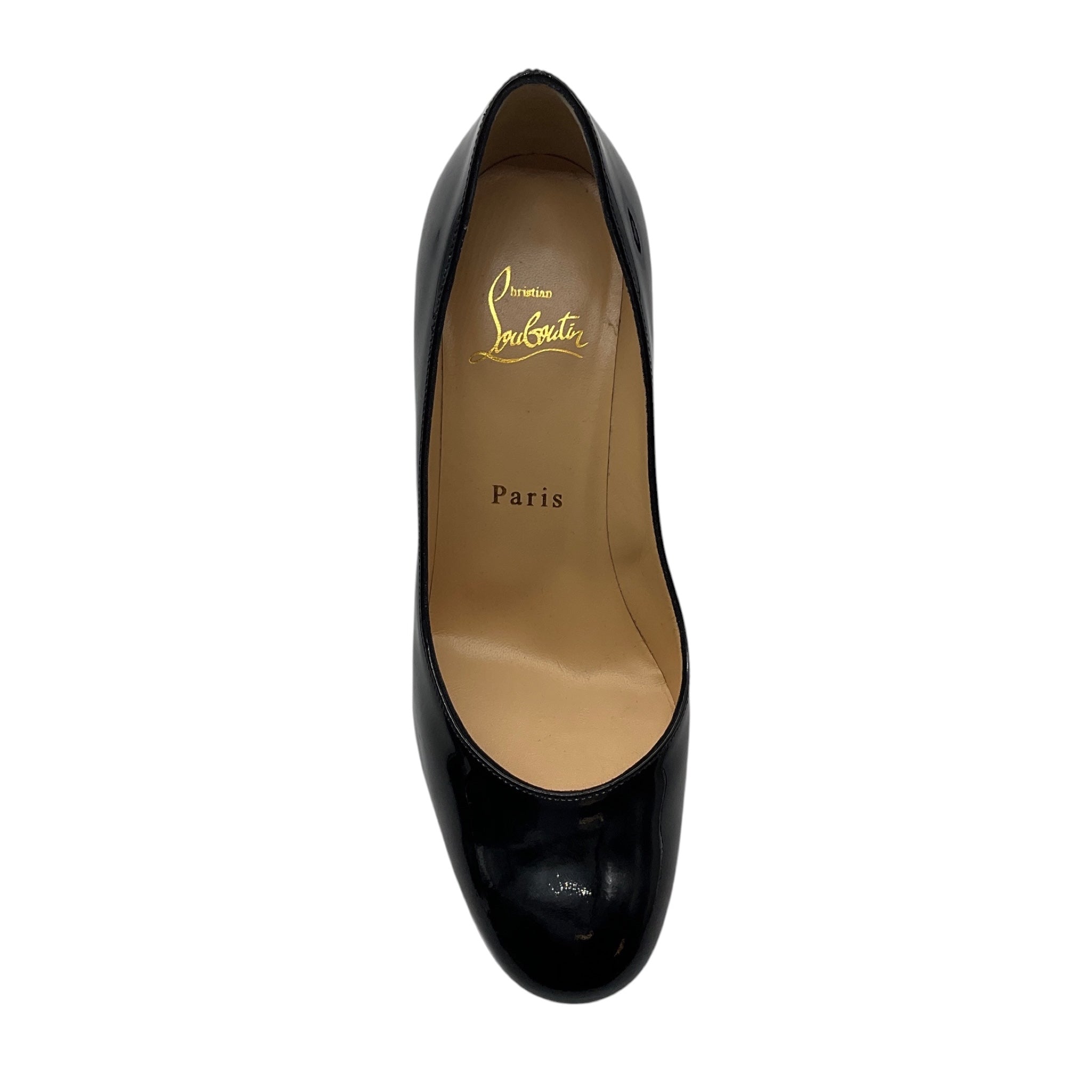 Christian Louboutin Black Round Toe Patent Leather Block Heel Pumps