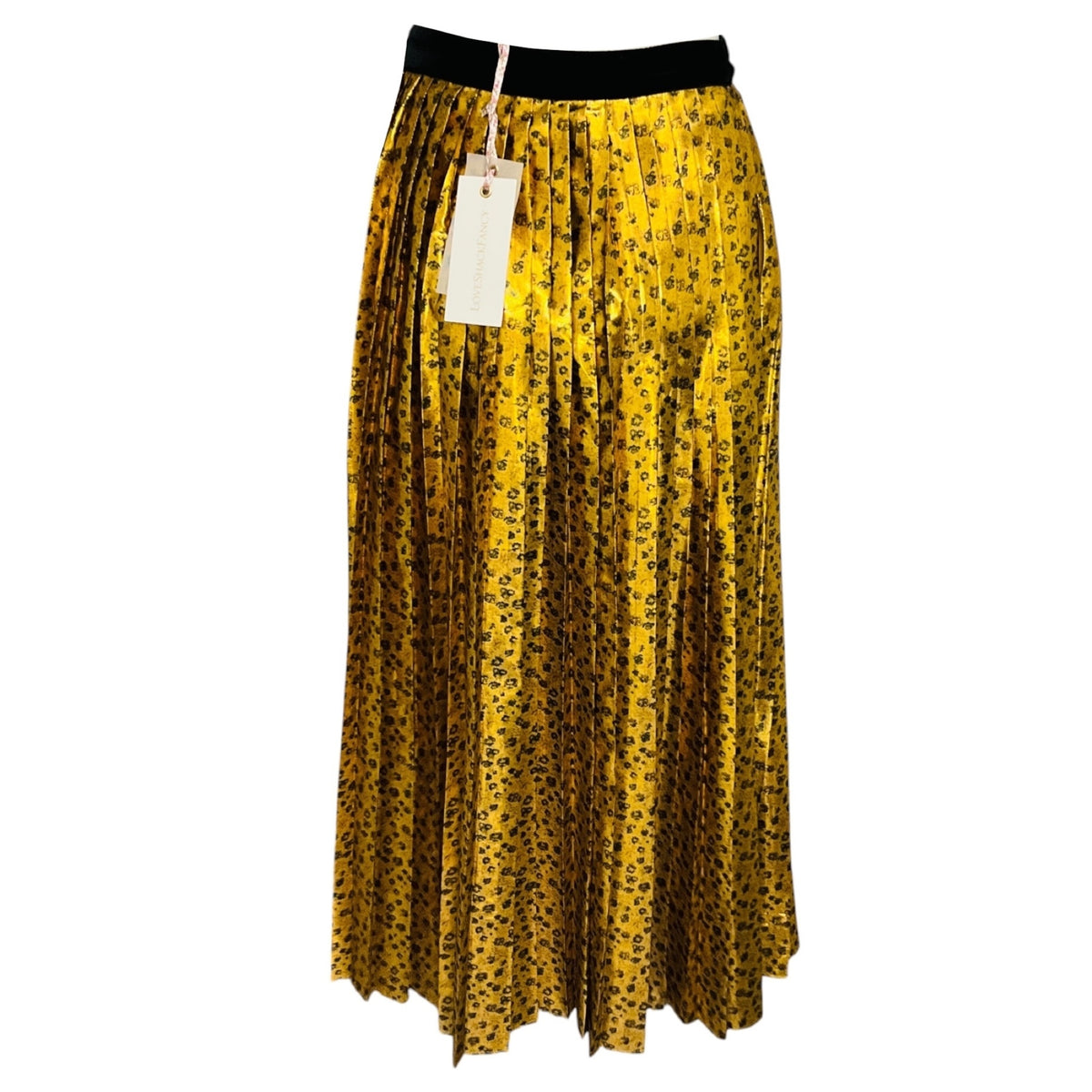 LoveShackFancy Gold Metallic Pleated Midi Lotty Skirt in Safari
