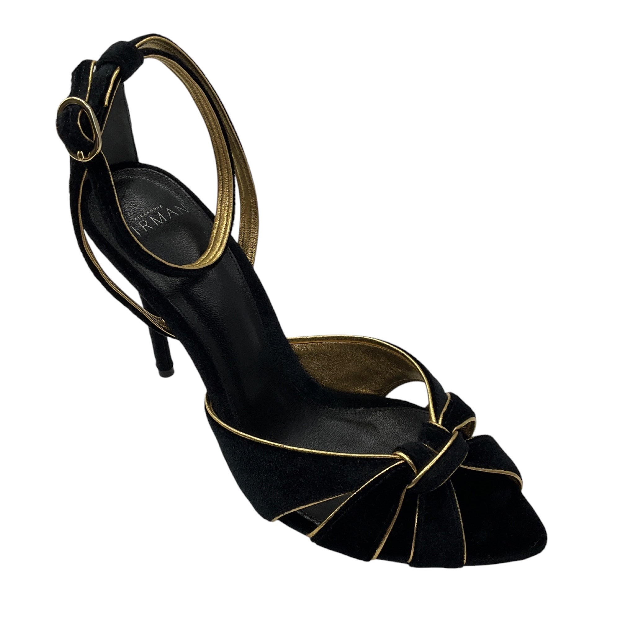 Alexandre Birman Black / Gold Leather Trim Velvet Retro Sandals with Ankle Strap