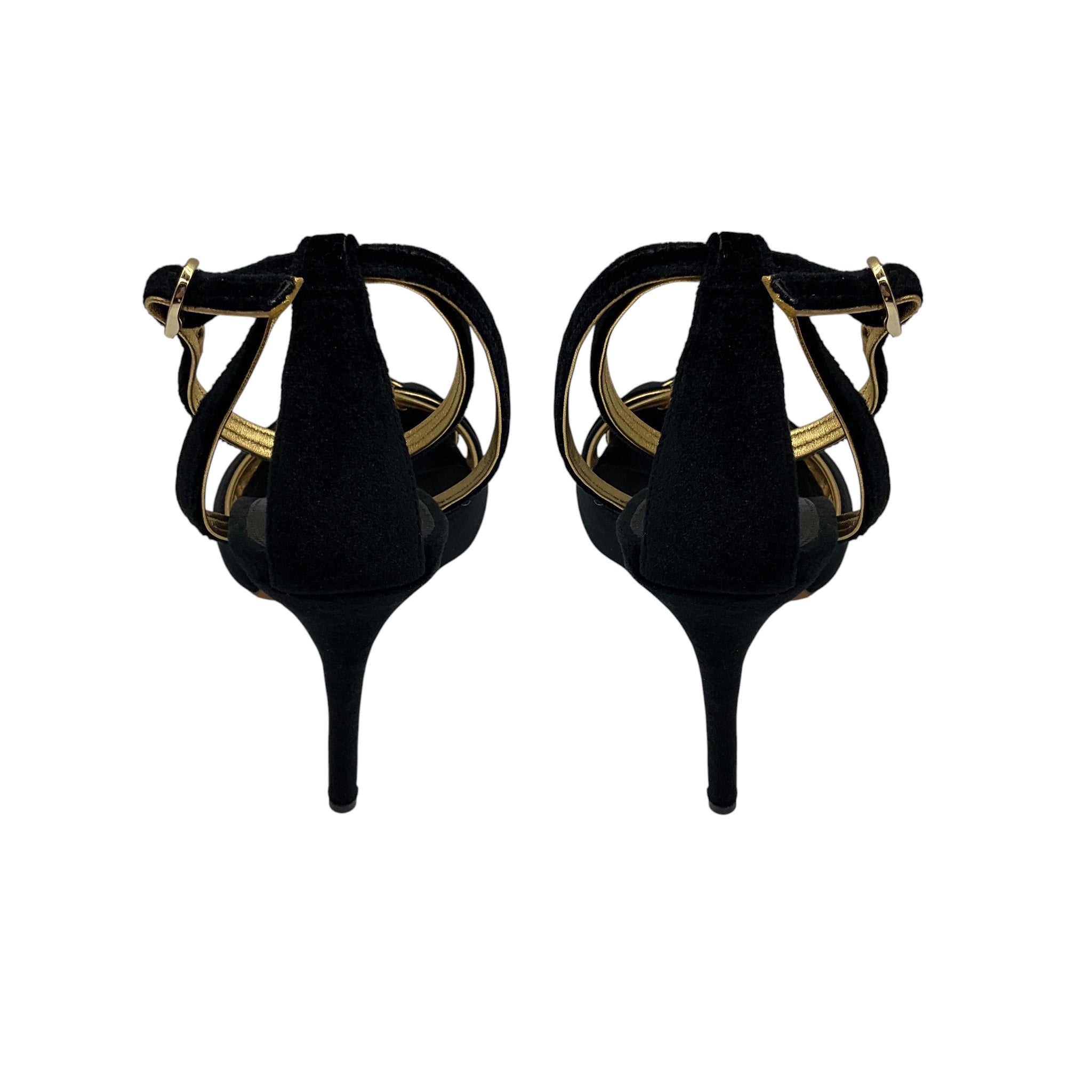 Alexandre Birman Black / Gold Leather Trim Velvet Retro Sandals with Ankle Strap