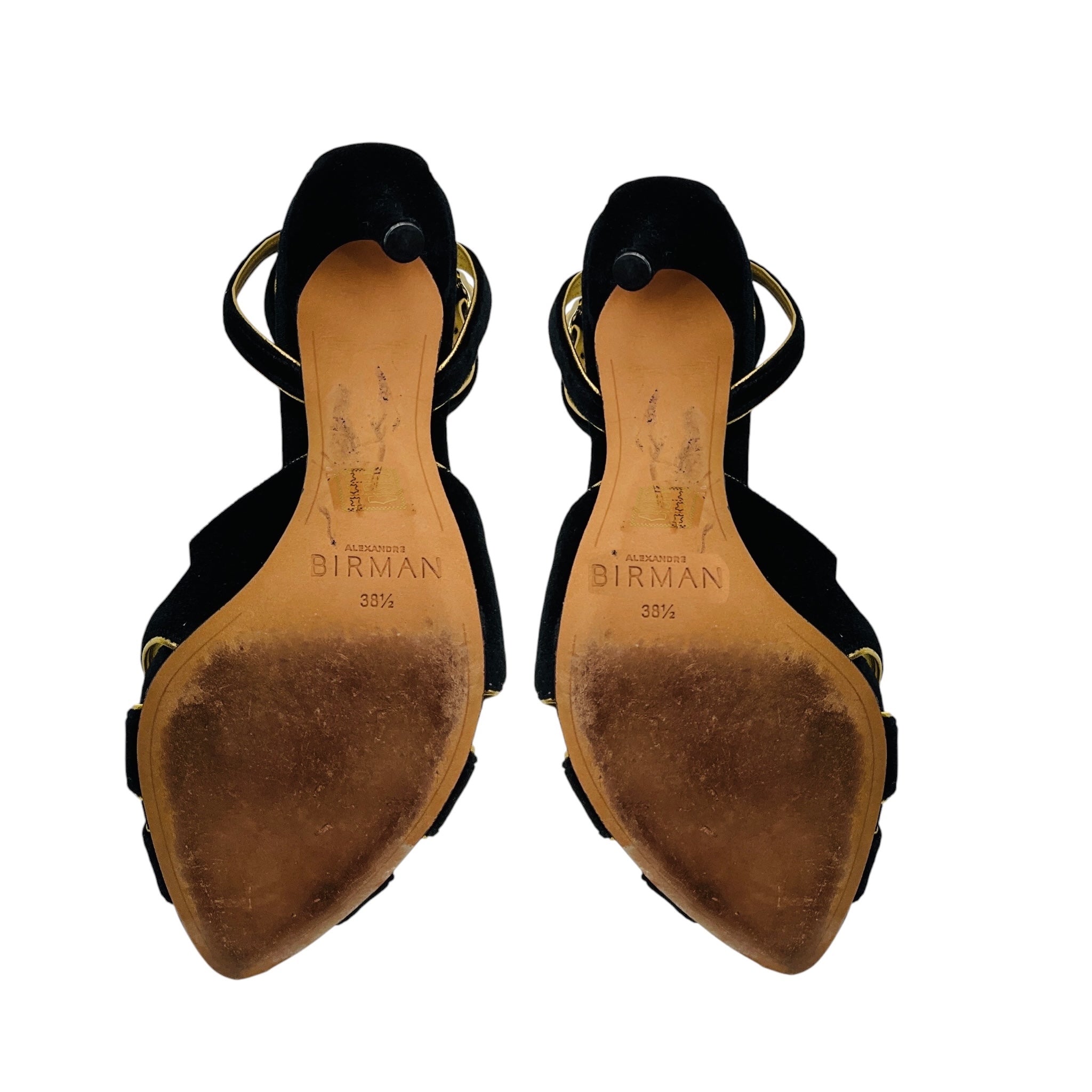Alexandre Birman Black / Gold Leather Trim Velvet Retro Sandals with Ankle Strap