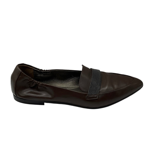 Brunello Cucinelli Brown Pointed Toe Leather Loafer Flats with Monili