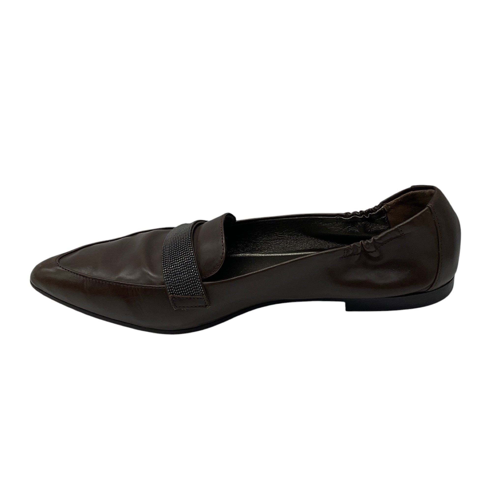 Brunello Cucinelli Brown Pointed Toe Leather Loafer Flats with Monili