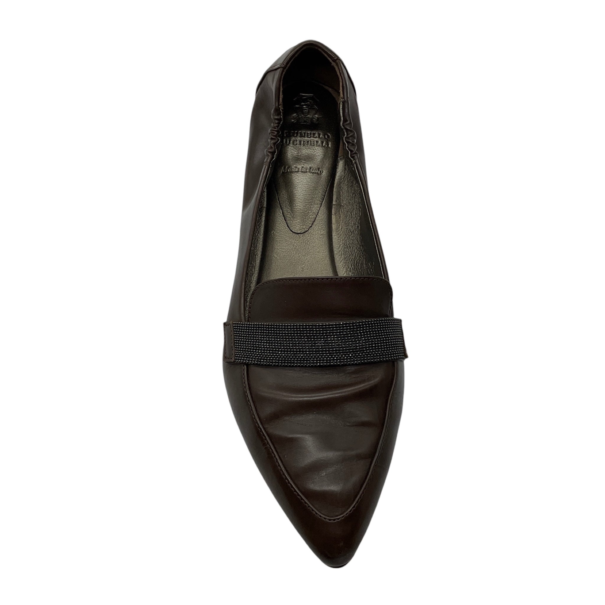 Brunello Cucinelli Brown Pointed Toe Leather Loafer Flats with Monili