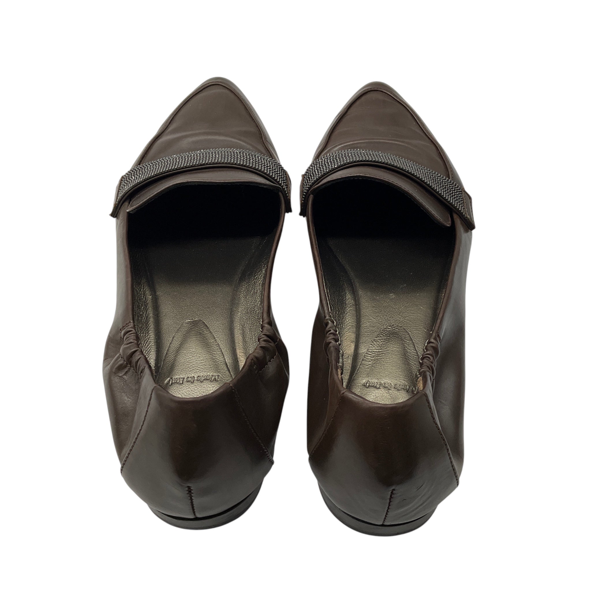 Brunello Cucinelli Brown Pointed Toe Leather Loafer Flats with Monili