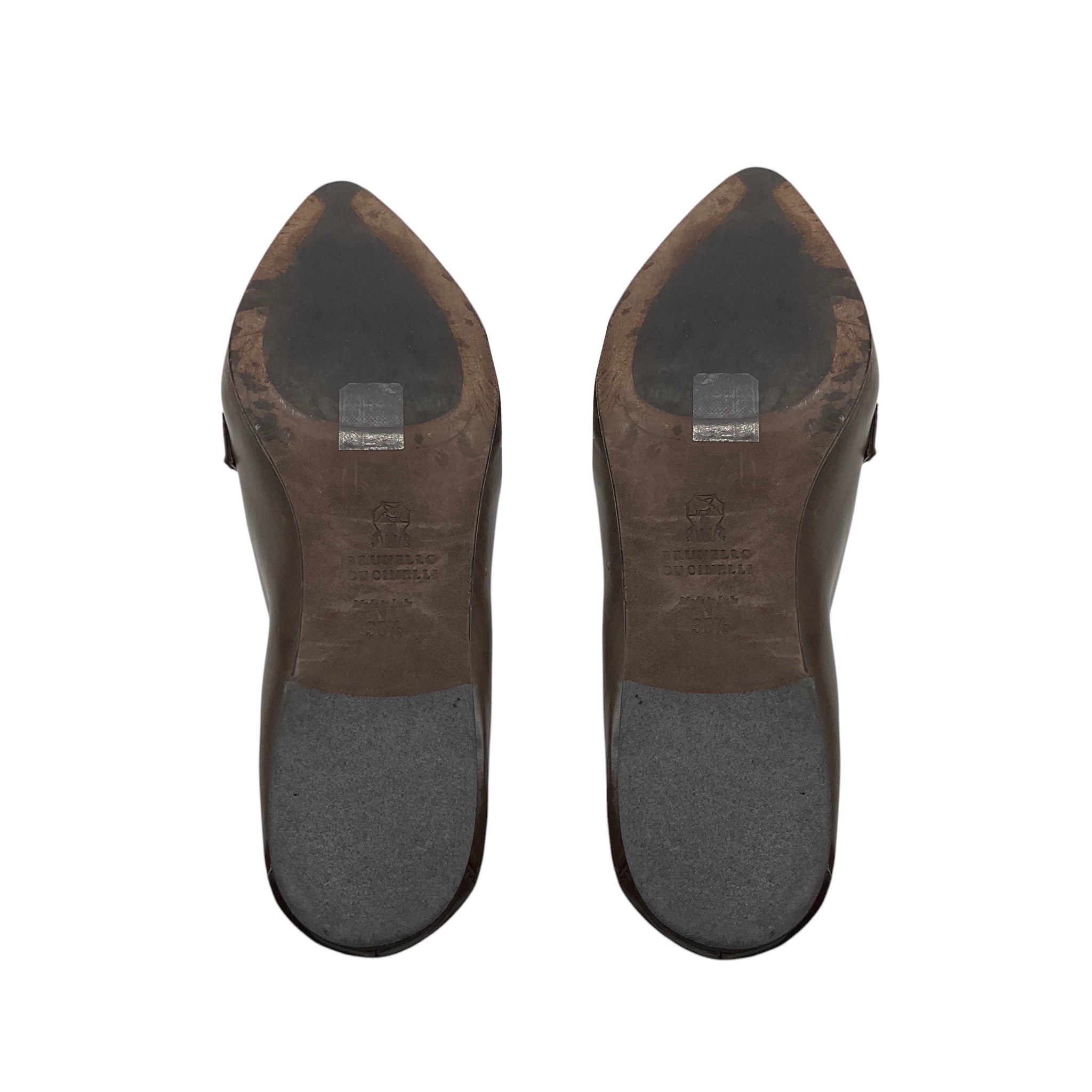 Brunello Cucinelli Brown Pointed Toe Leather Loafer Flats with Monili