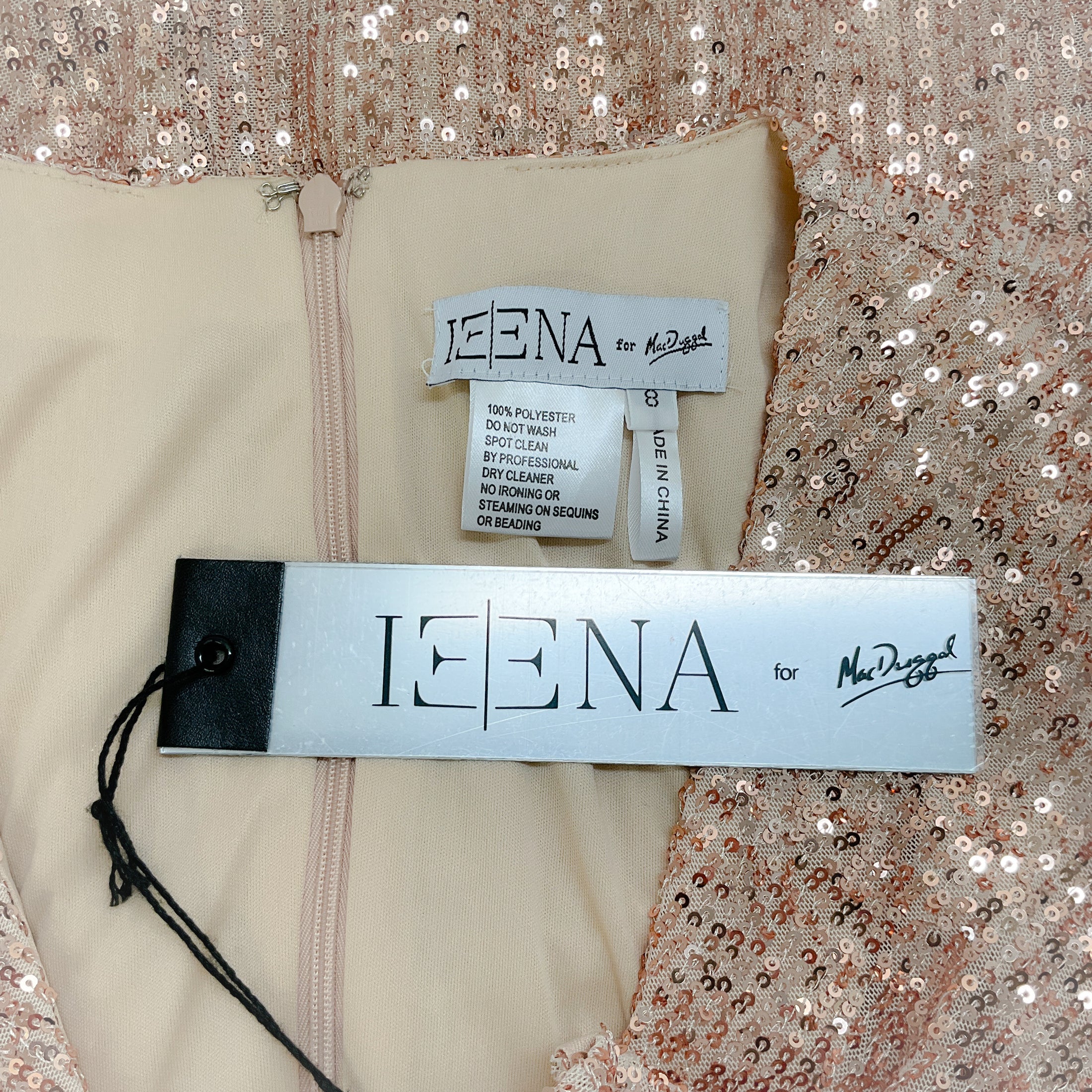 Ieena for Mac Duggal Rose Gold Sequined Twist Front Dress