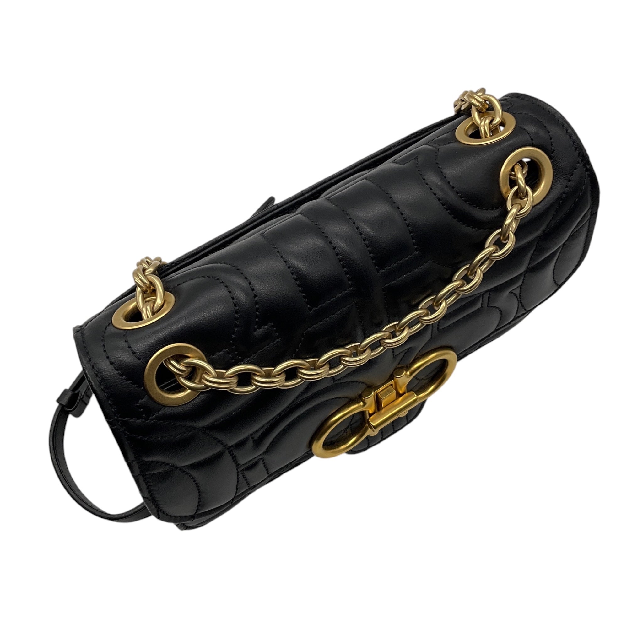 Salvatore Ferragamo Black Gancini Quilted Leather Crossbody Bag with Gold Hardware