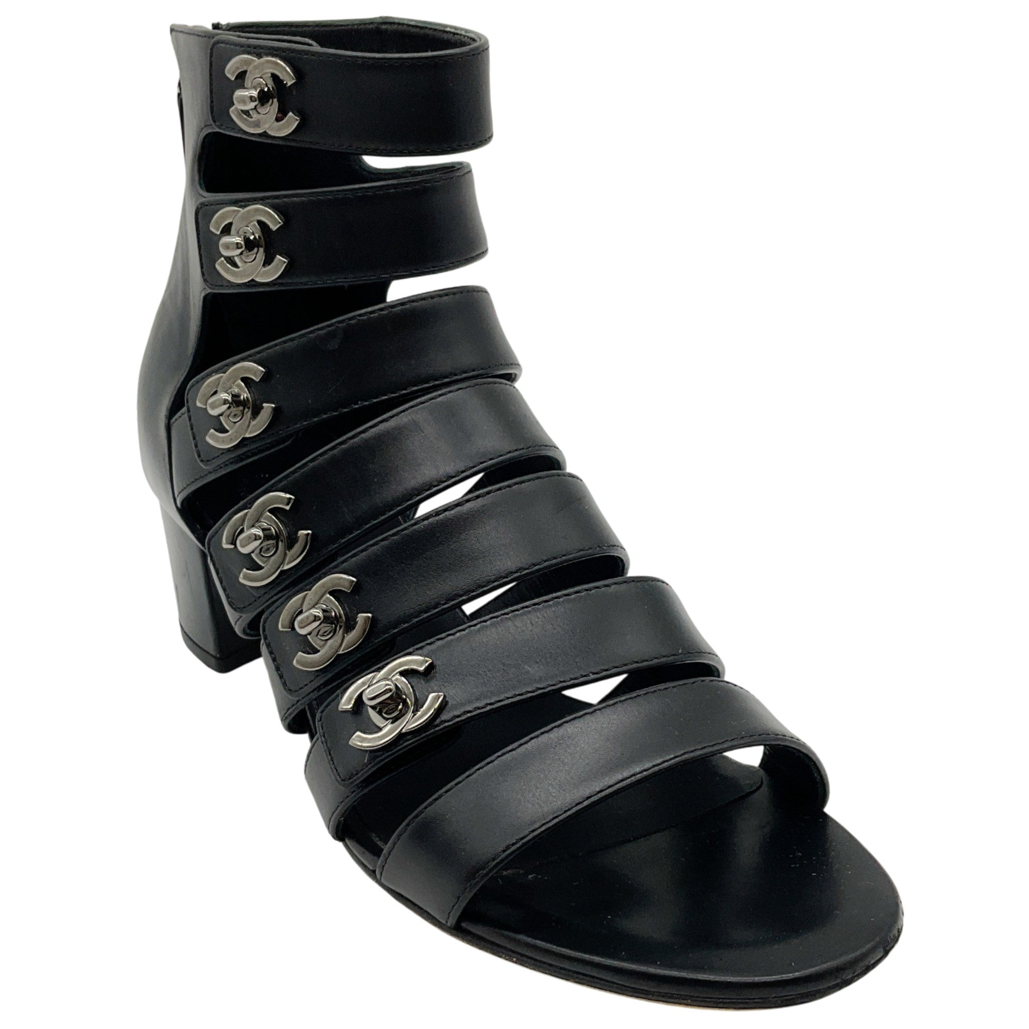 Chanel Black Leather Turnlock Gladiator Sandals
