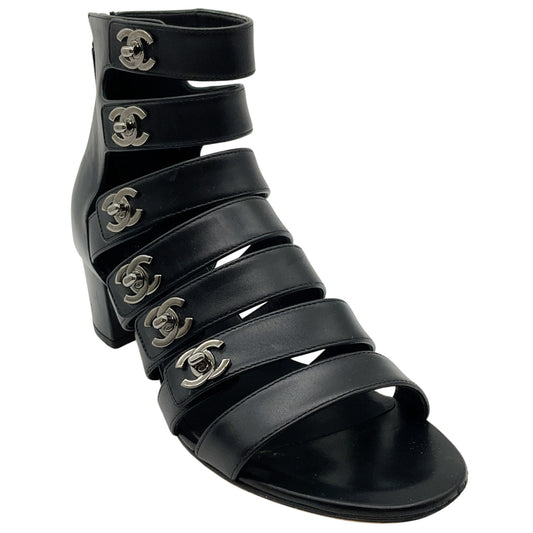 Chanel Black Leather Turnlock Gladiator Sandals
