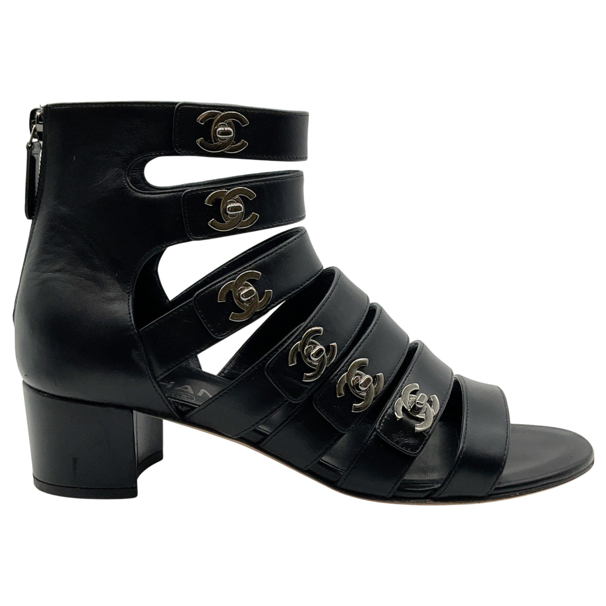 Chanel Black Leather Turnlock Gladiator Sandals