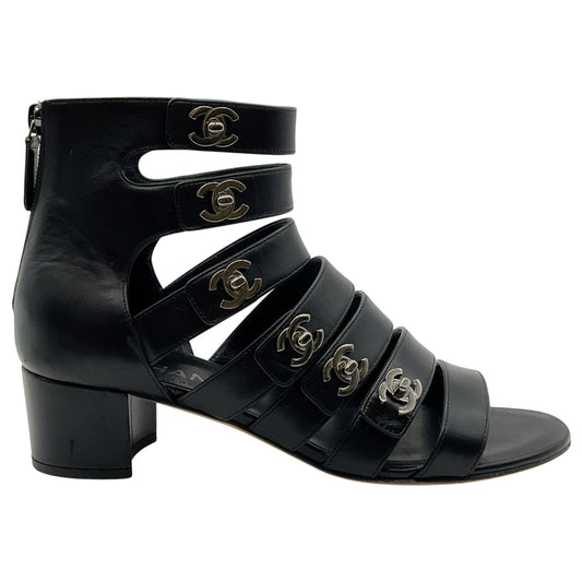 Chanel Black Leather Turnlock Gladiator Sandals