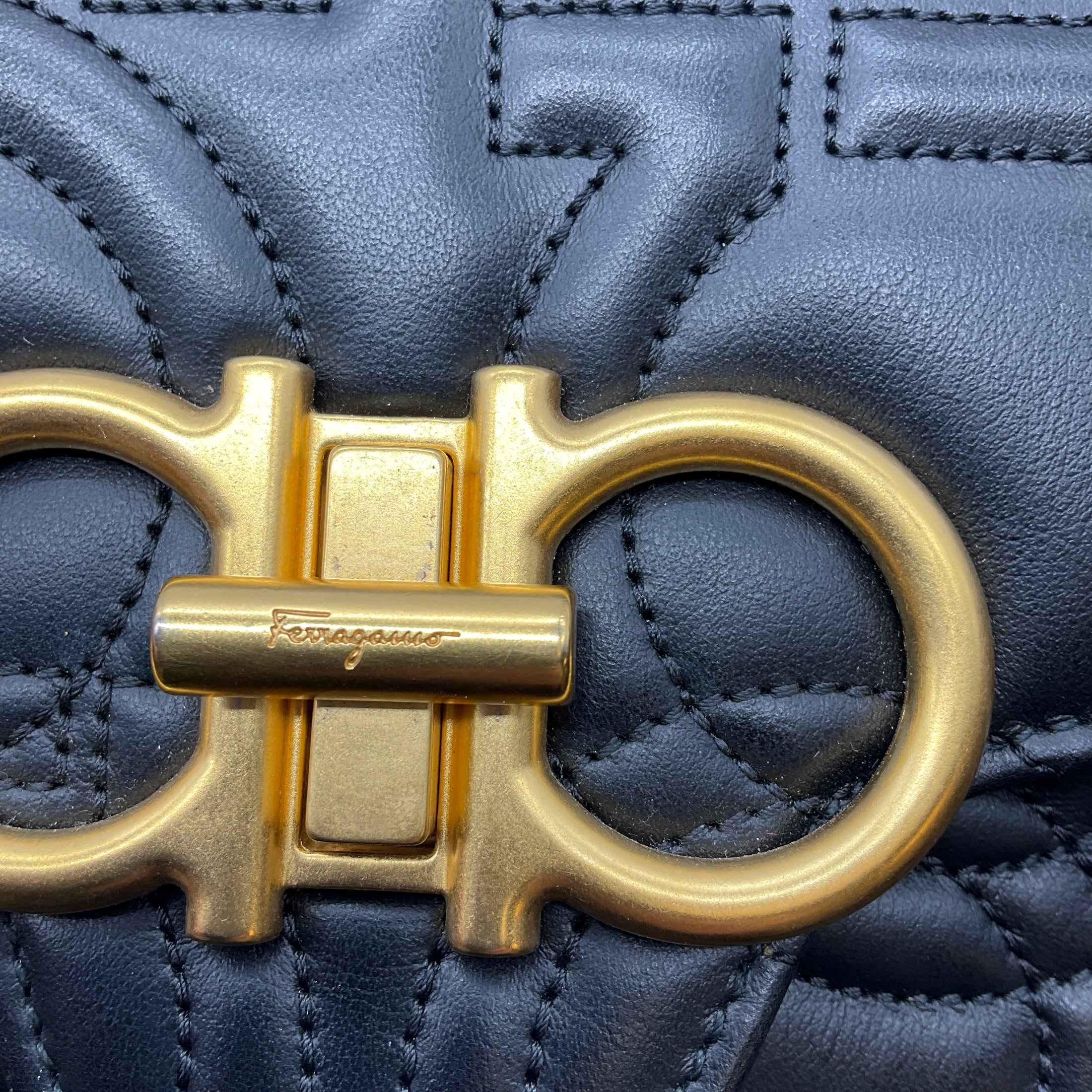 Salvatore Ferragamo Black Gancini Quilted Leather Crossbody Bag with Gold Hardware