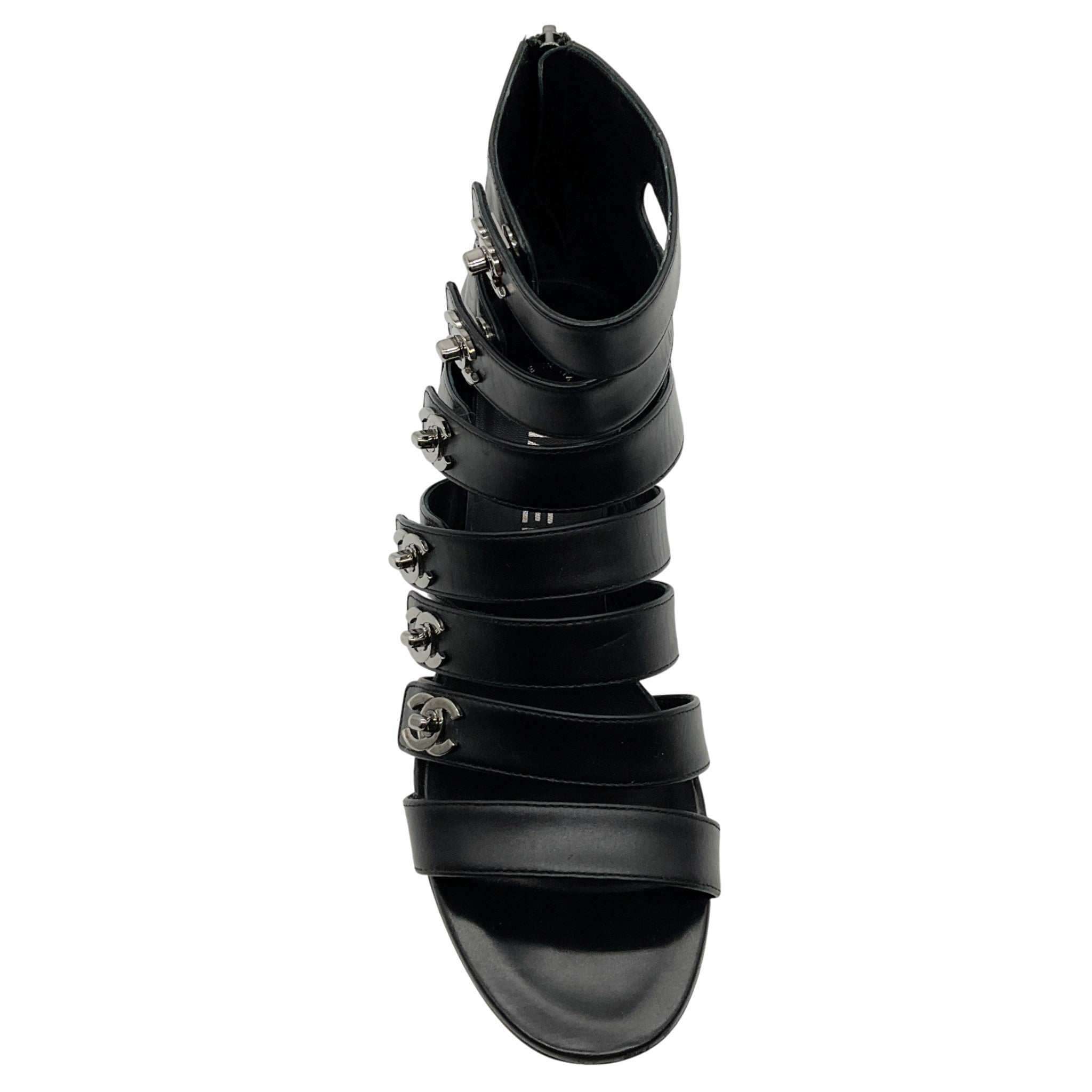 Chanel Black Leather Turnlock Gladiator Sandals