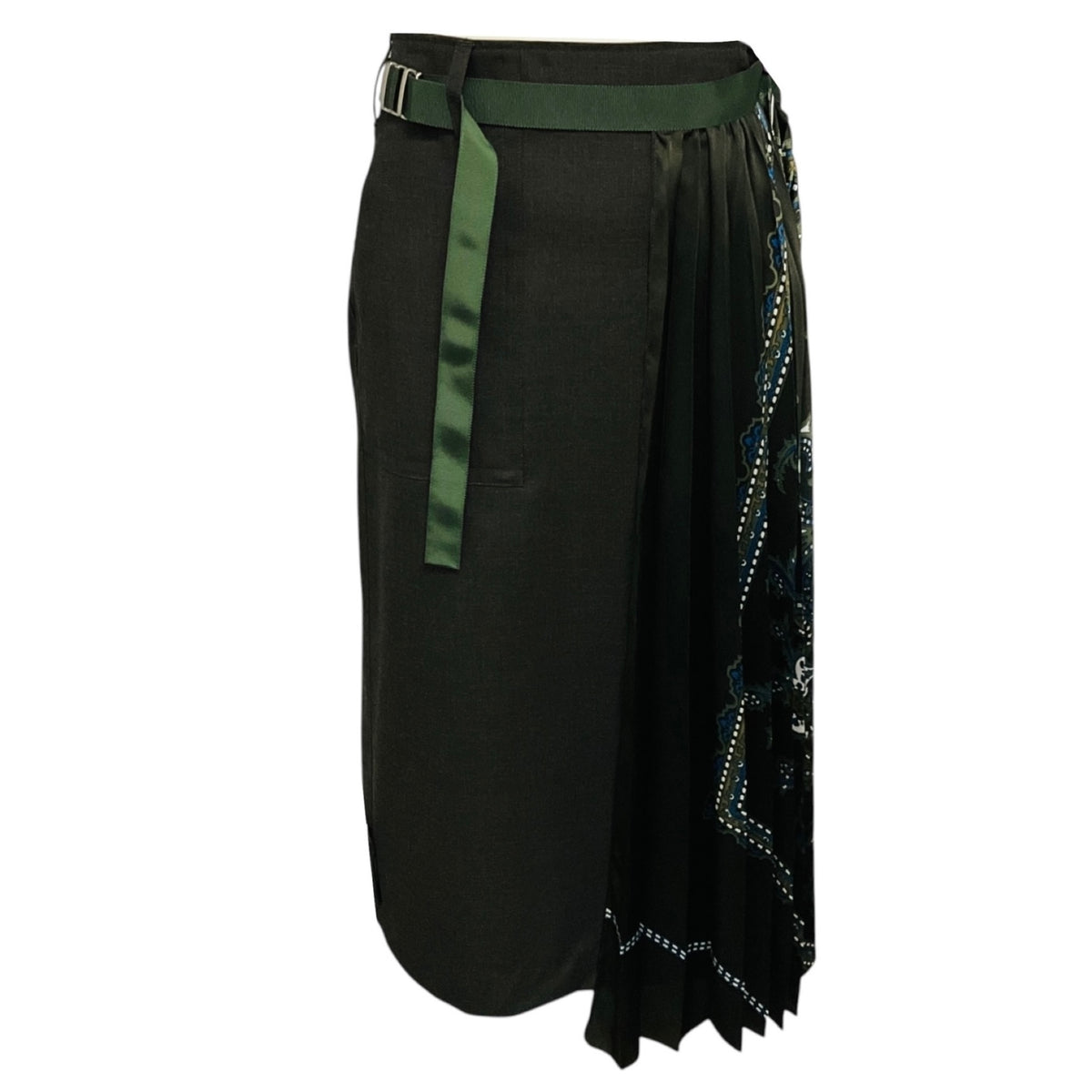 Sacai Charcoal Grey / Green Multi Suiting x Paisley Print Pleated Mixed Media Midi Skirt