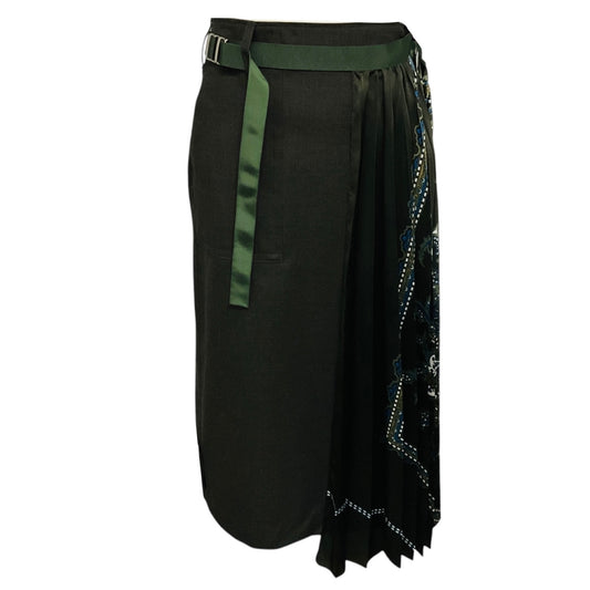 Sacai Charcoal Grey / Green Multi Suiting x Paisley Print Pleated Mixed Media Midi Skirt