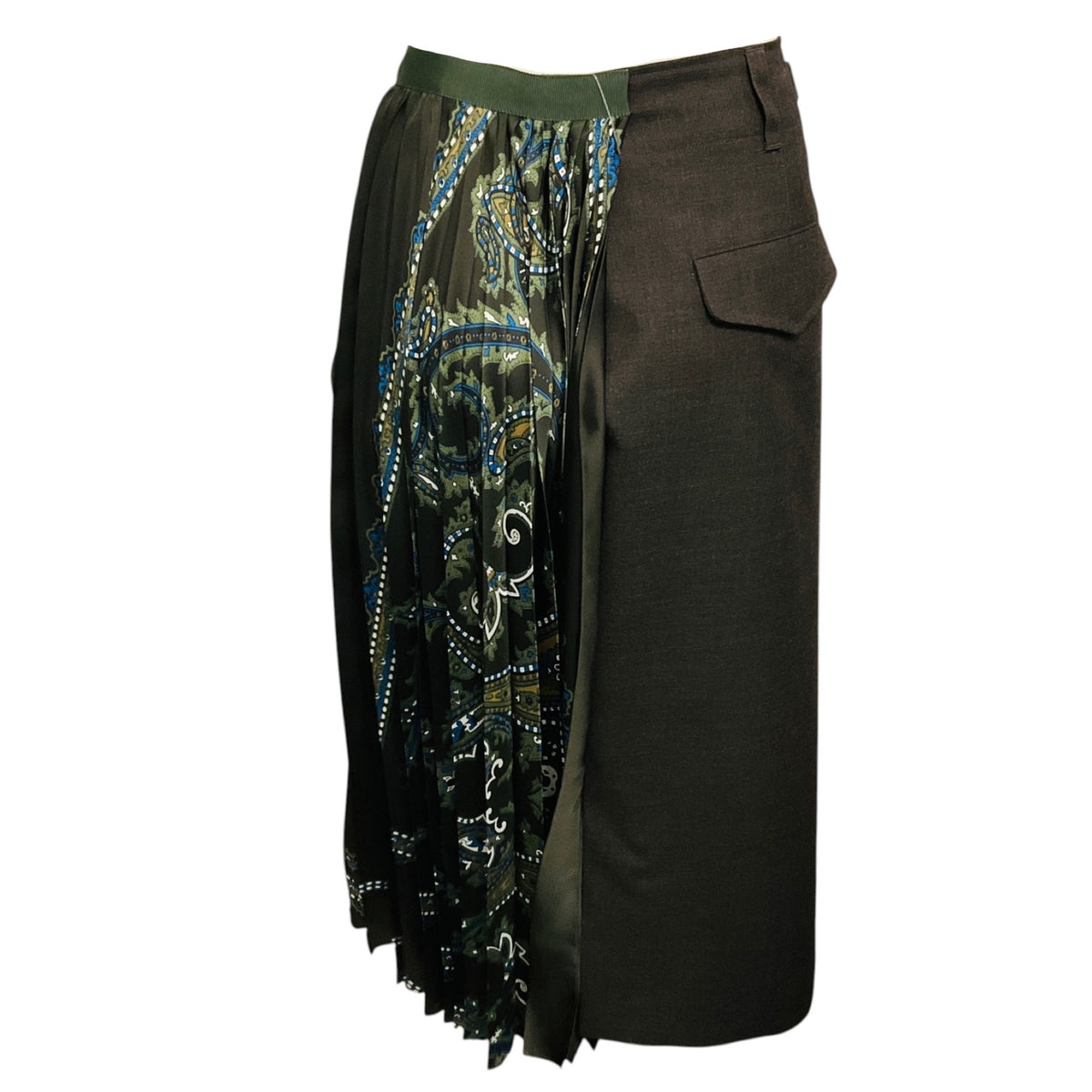 Sacai Charcoal Grey / Green Multi Suiting x Paisley Print Pleated Mixed Media Midi Skirt