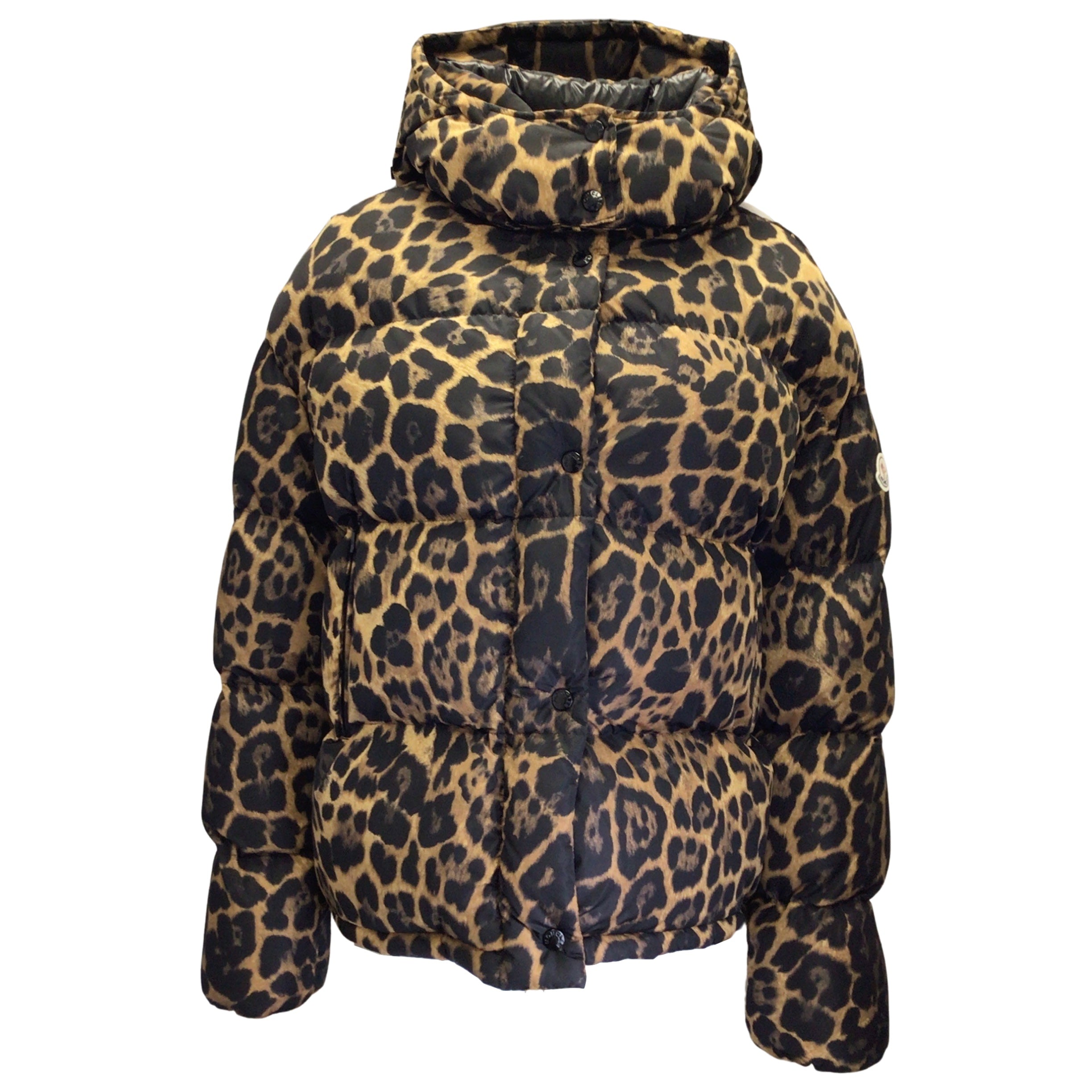 Moncler Caille Tan / Black Leopard Printed Hooded Down Puffer Jacket ...