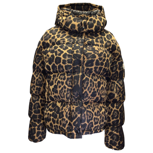 Moncler Caille Tan / Black Leopard Printed Hooded Down Puffer Jacket