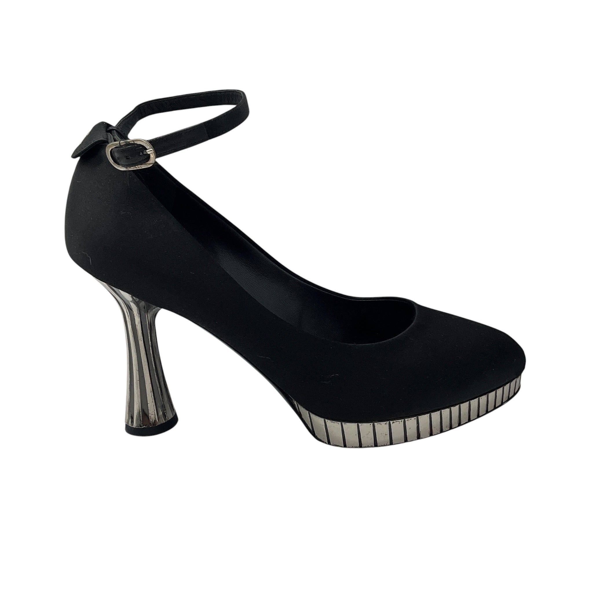 Chanel RARE Black / Silver Disco Mirror Satin Heels with Ankle Strap