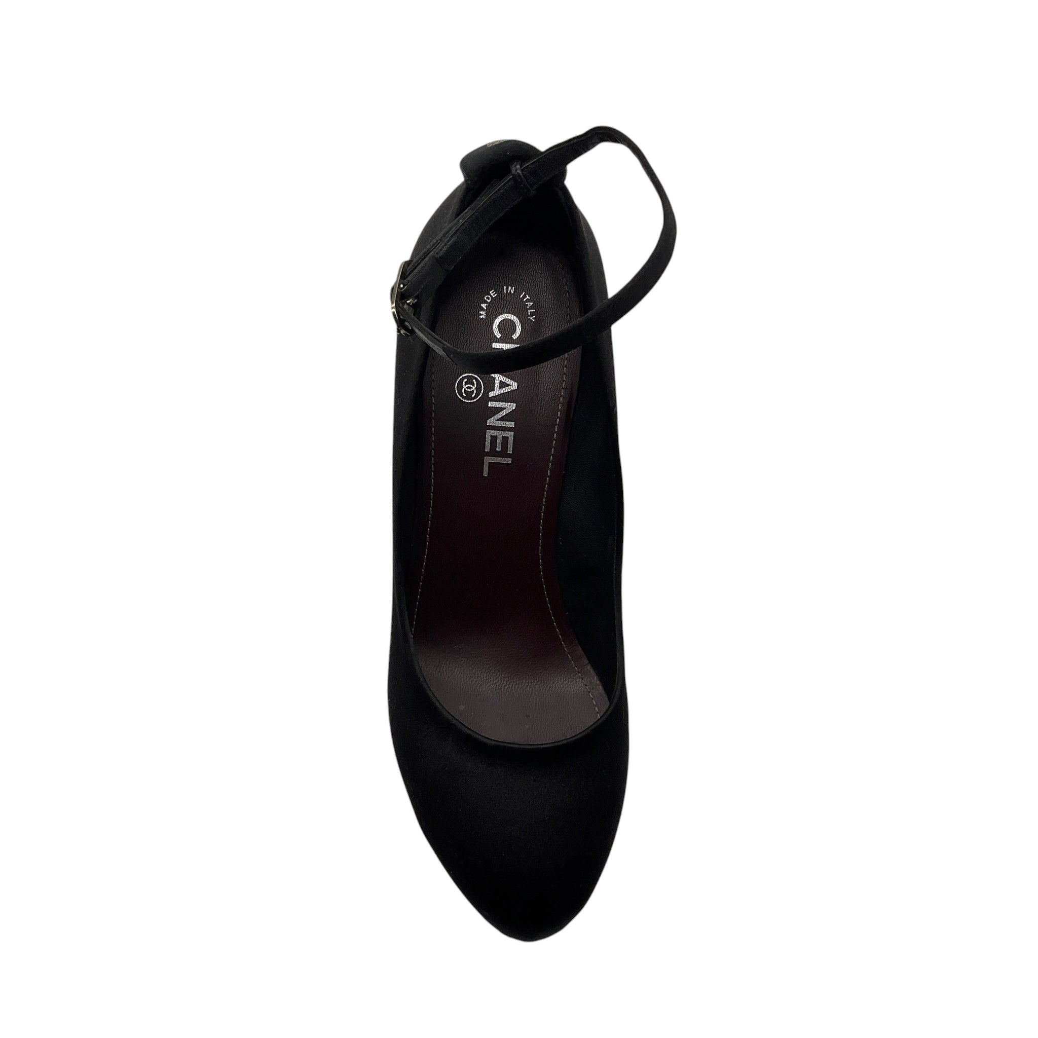 Chanel RARE Black / Silver Disco Mirror Satin Heels with Ankle Strap