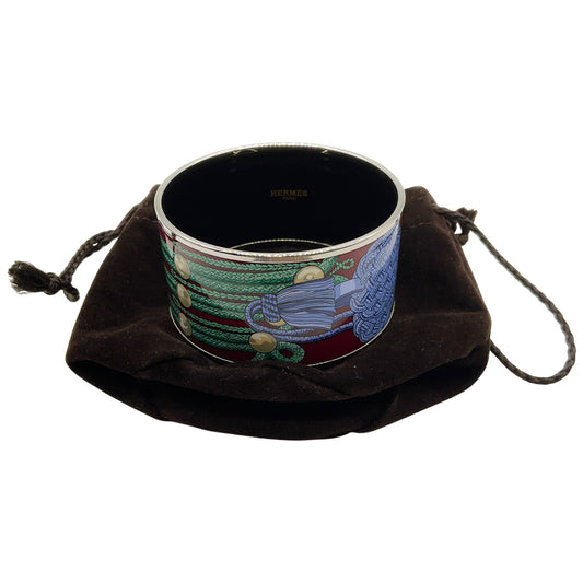 Hermes Green / Burgundy Brandenburg Cuff Enamel Extra Wide Bangle
