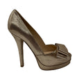 Load image into Gallery viewer, Fendi Gold Deco Textured Leather Double Platform Bow Peep Toe Pumps
