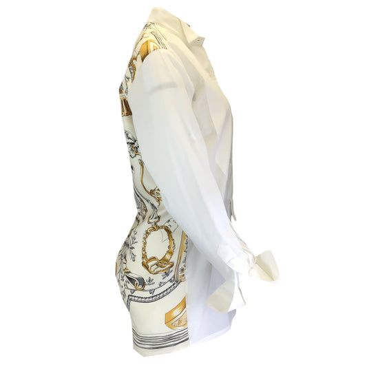 Hermes White / Gold Multi Scarf Print Long Sleeved Cotton Blouse