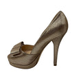 Load image into Gallery viewer, Fendi Gold Deco Textured Leather Double Platform Bow Peep Toe Pumps
