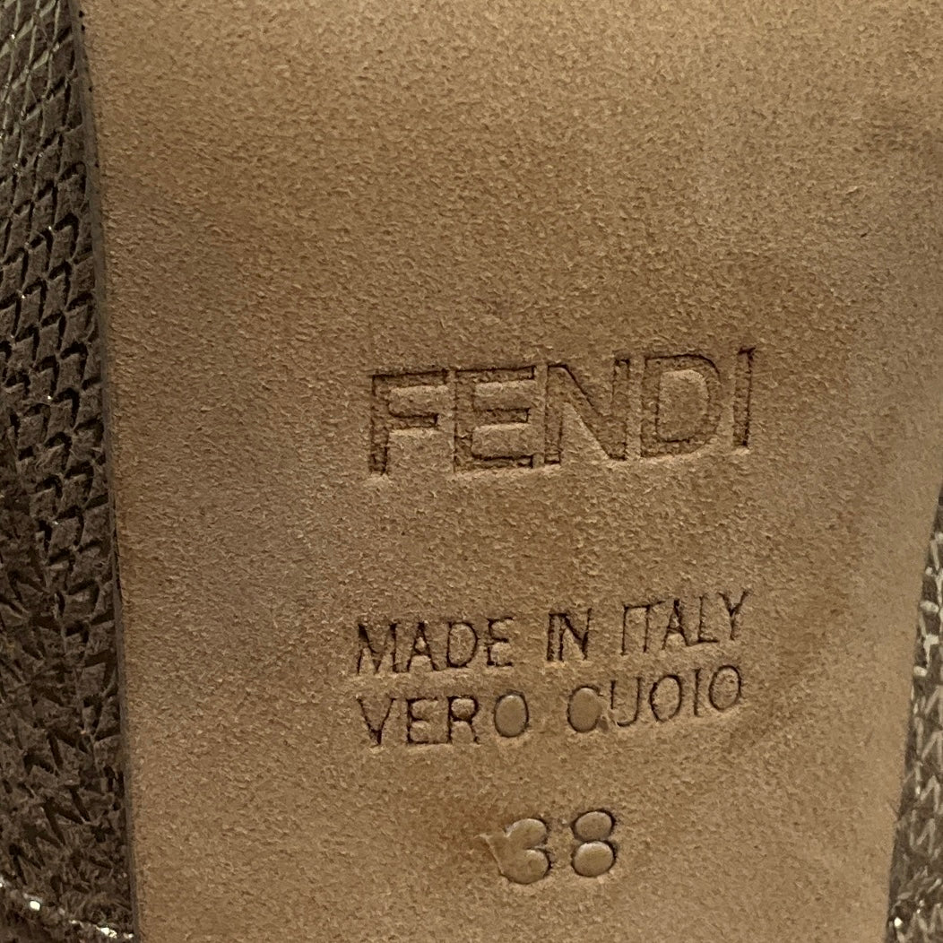 Fendi Gold Deco Textured Leather Double Platform Bow Peep Toe Pumps