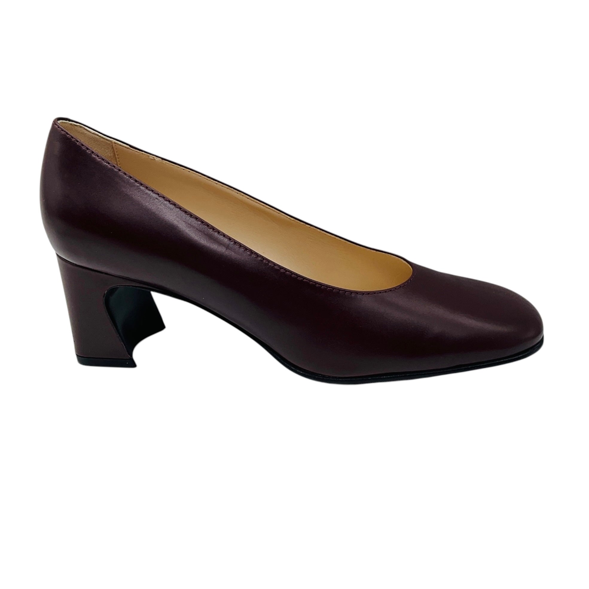 Tod's Dark Burgundy Round Toe Leather Block Heel Pumps