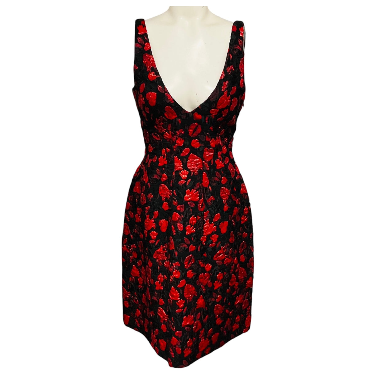 Thakoon Black / Red Sleeveless V-Neck Jacquard Cocktail Dress
