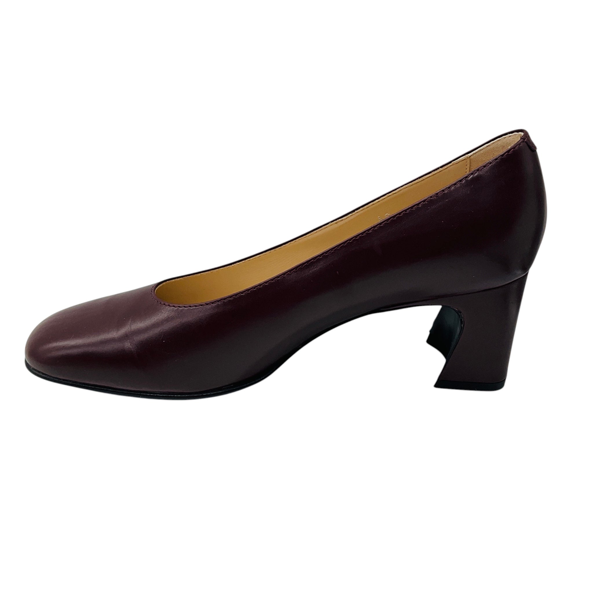 Tod's Dark Burgundy Round Toe Leather Block Heel Pumps