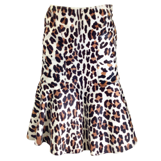 Alaia Ivory / Tan / Brown Leopard Printed Flared Calf Hair Skirt
