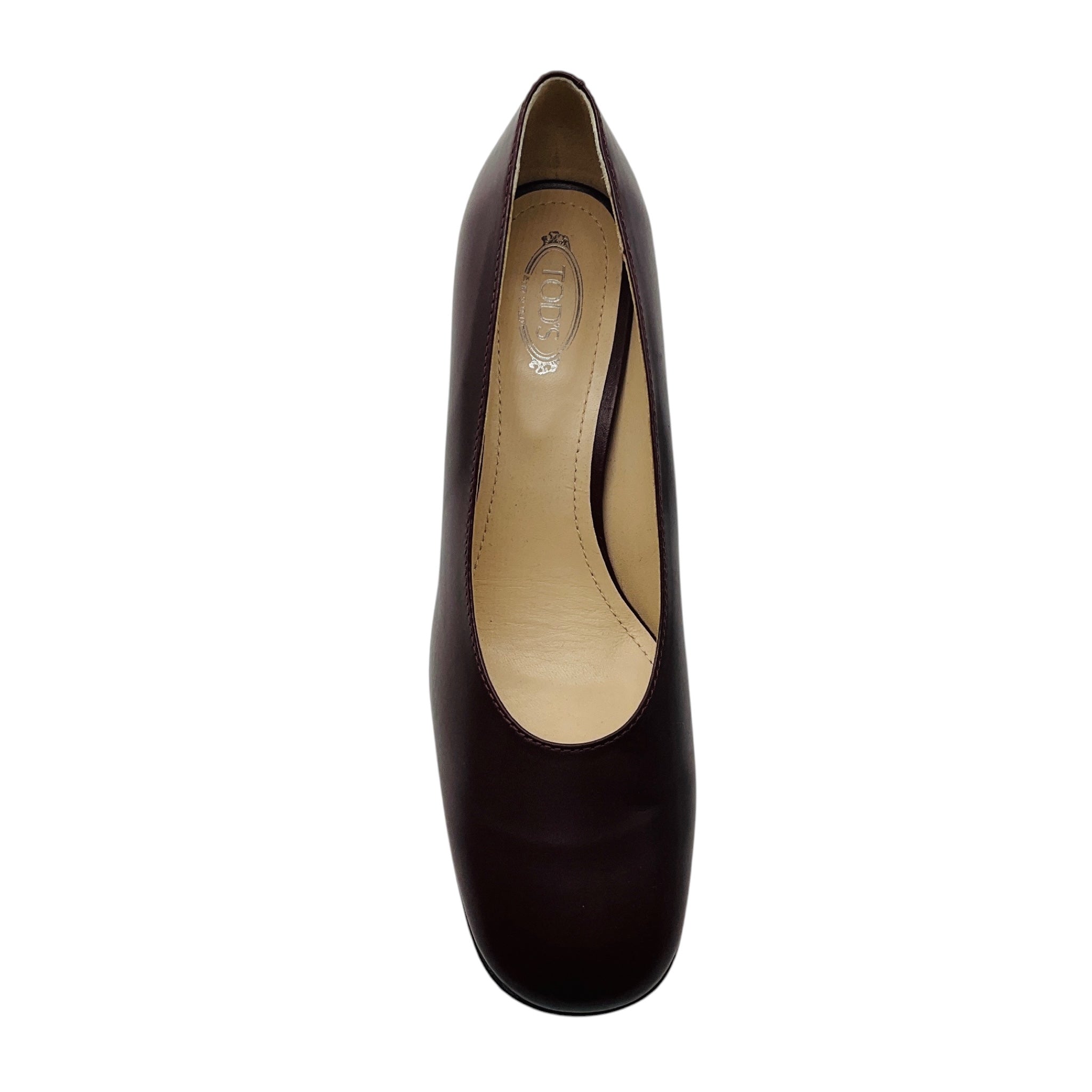 Tod's Dark Burgundy Round Toe Leather Block Heel Pumps
