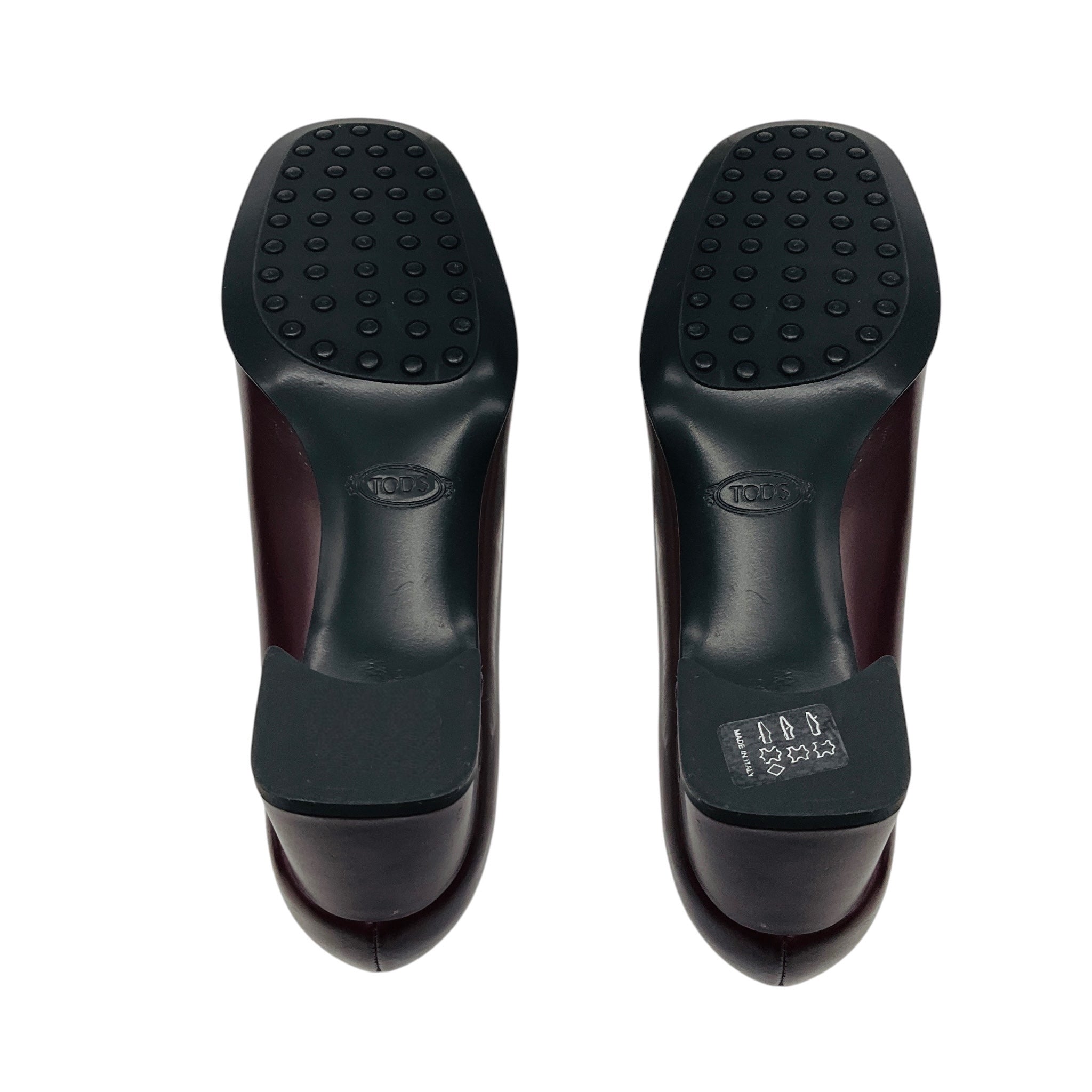 Tod's Dark Burgundy Round Toe Leather Block Heel Pumps