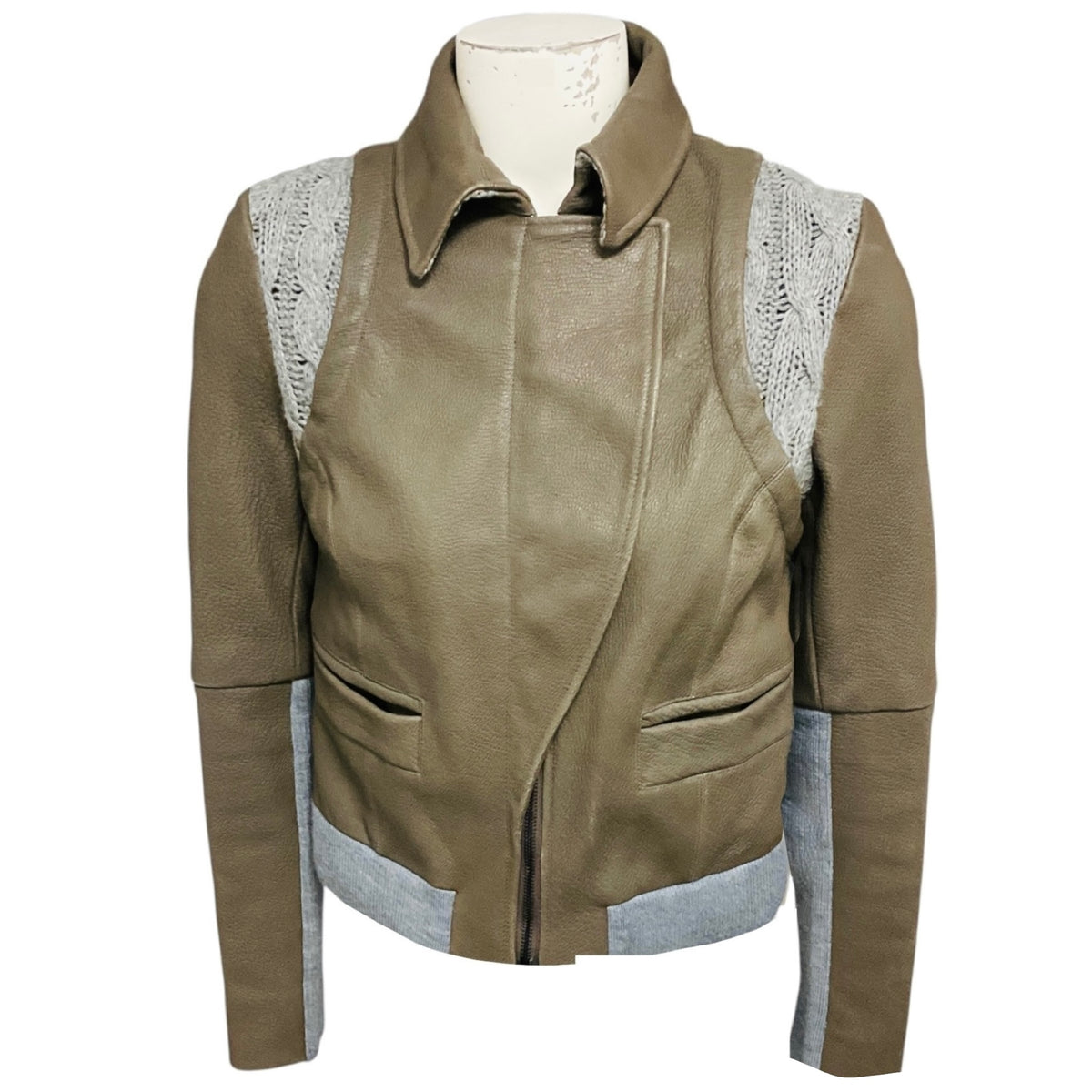 Thakoon Taupe Lambskin Leather Jacket with Grey Wool Knit Trim