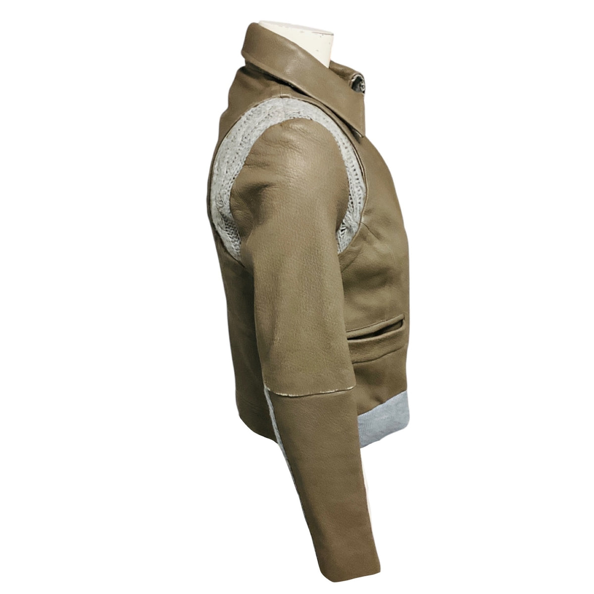 Thakoon Taupe Lambskin Leather Jacket with Grey Wool Knit Trim