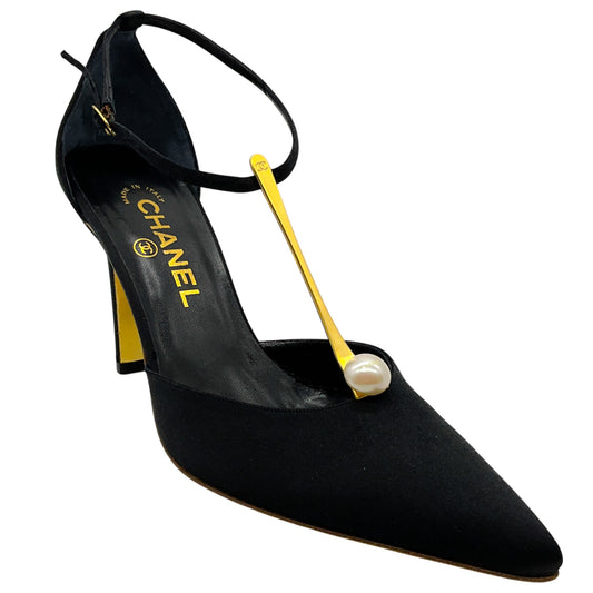 Chanel Vintage Black Satin Gold T Strap Pumps with Pearl
