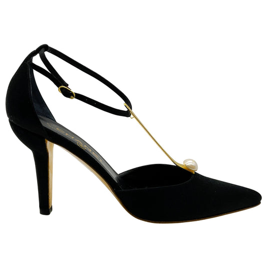 Chanel Vintage Black Satin Gold T Strap Pumps with Pearl