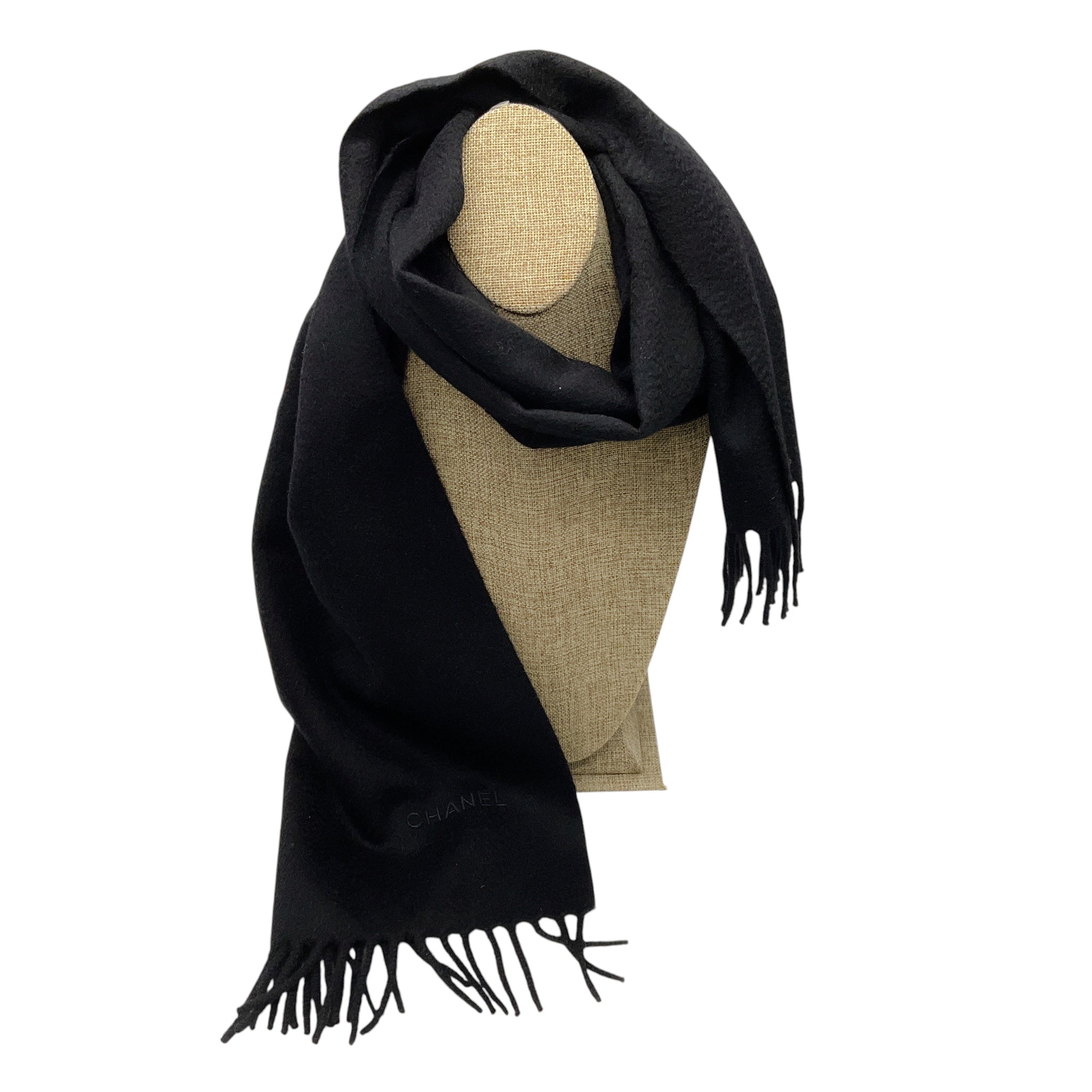 Chanel Black Fringed Cashmere Scarf