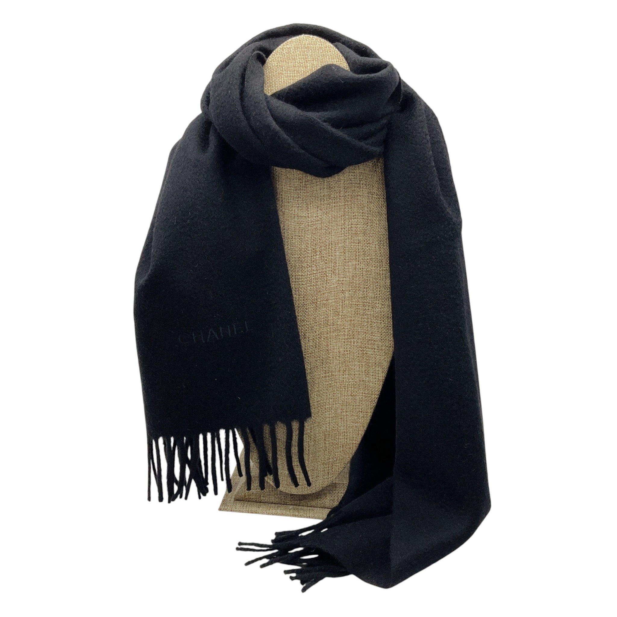 Chanel Black Fringed Cashmere Scarf