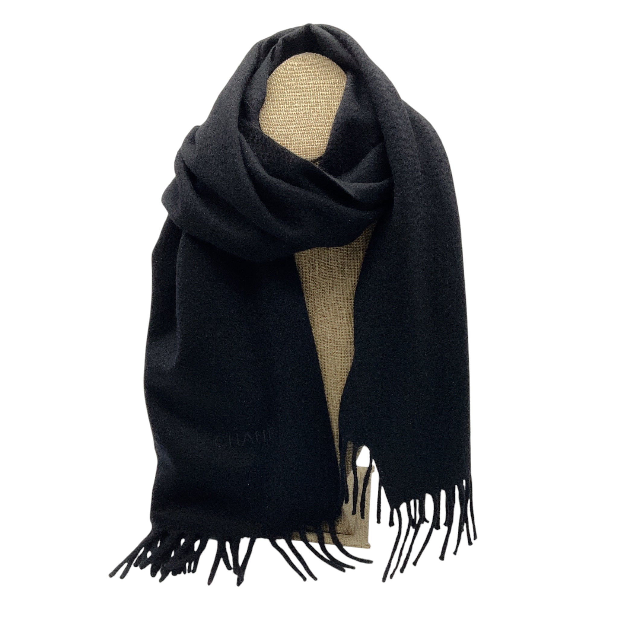 Chanel Black Fringed Cashmere Scarf