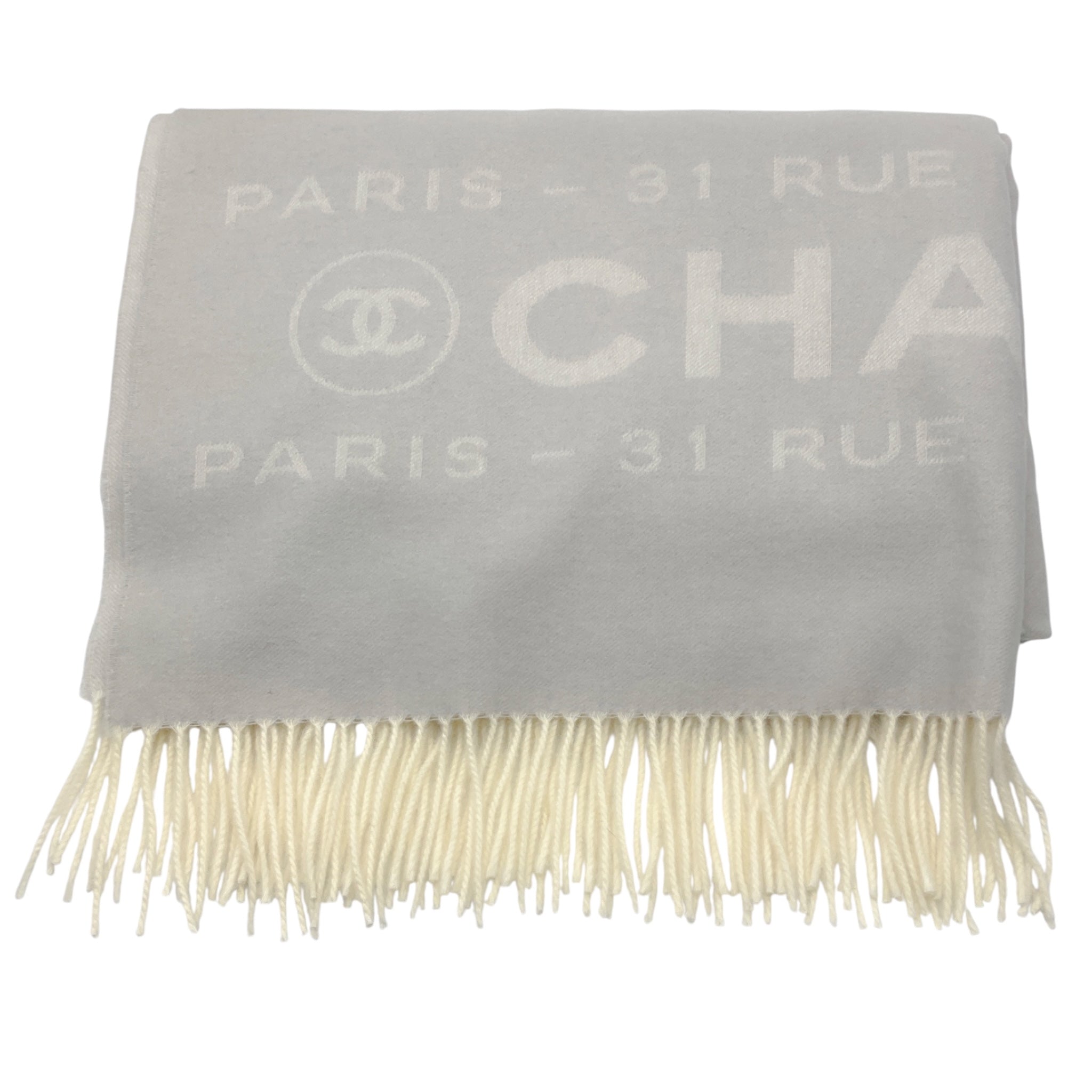 Chanel Grey / Ivory 31 Rue Cambon Paris Fringed Large Cashmere Scarf