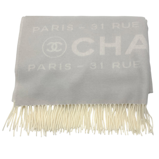 Chanel Grey / Ivory 31 Rue Cambon Paris Fringed Large Cashmere Scarf