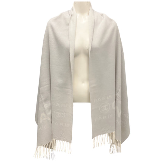 Chanel Grey / Ivory 31 Rue Cambon Paris Fringed Large Cashmere Scarf