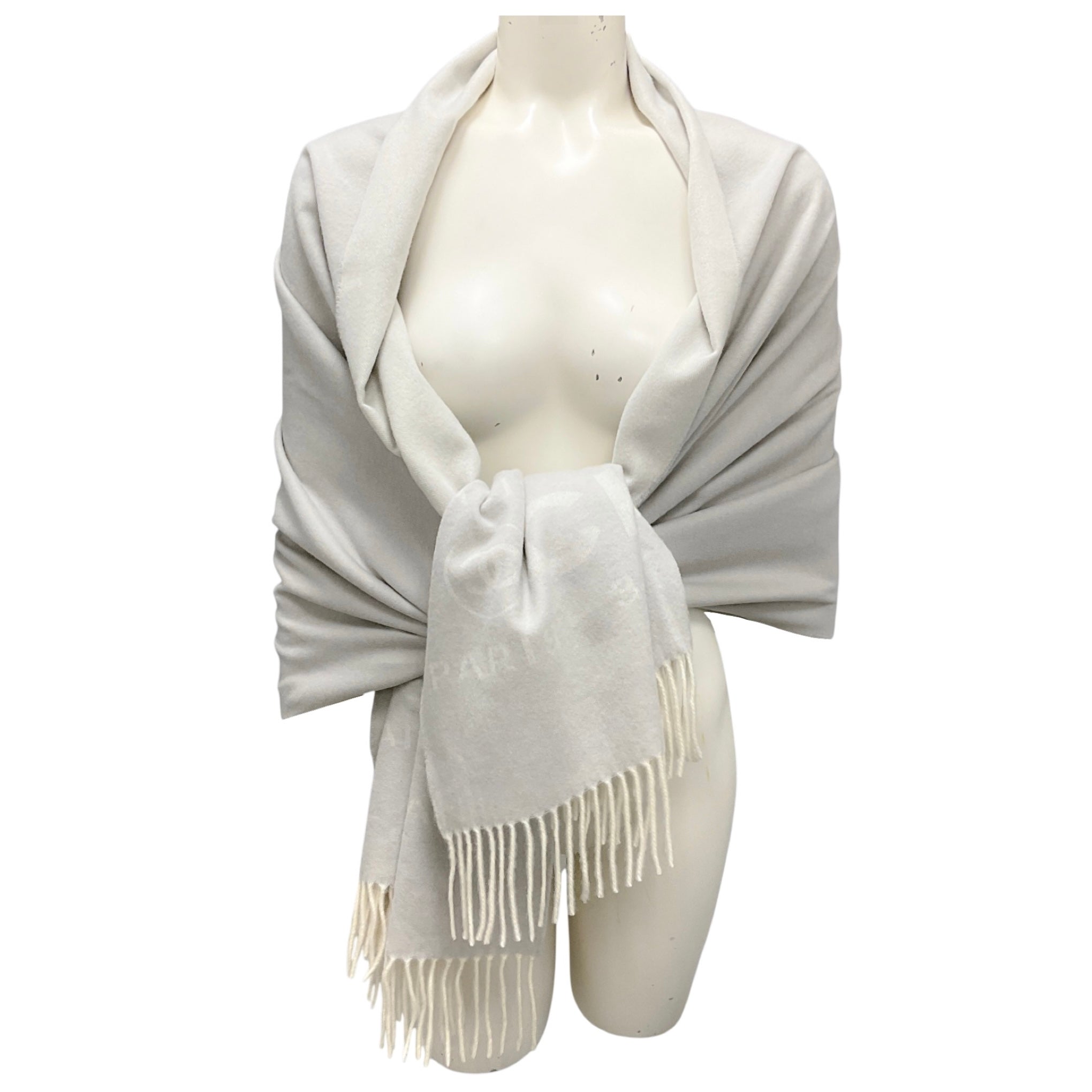 Chanel Grey / Ivory 31 Rue Cambon Paris Fringed Large Cashmere Scarf