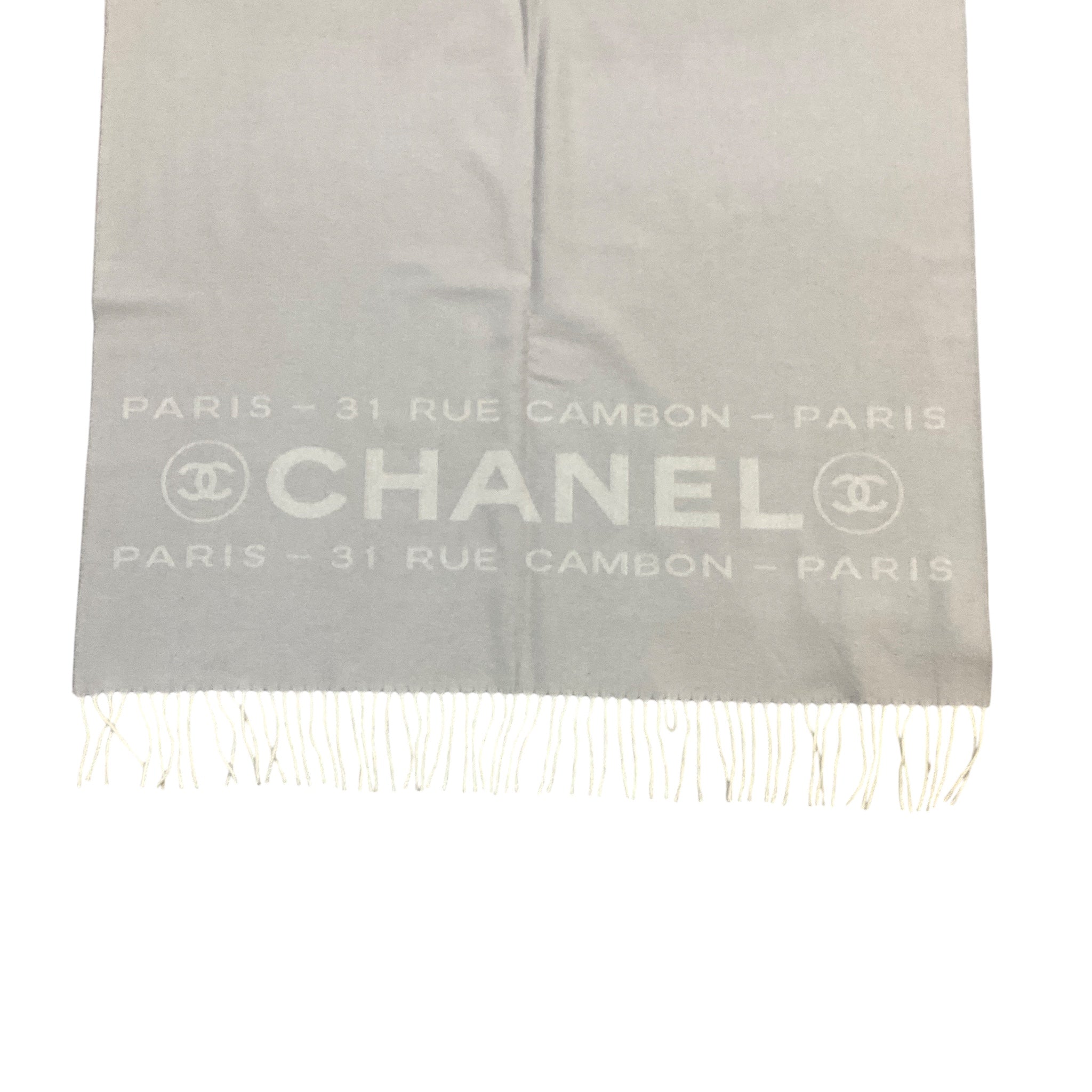 Chanel Grey / Ivory 31 Rue Cambon Paris Fringed Large Cashmere Scarf